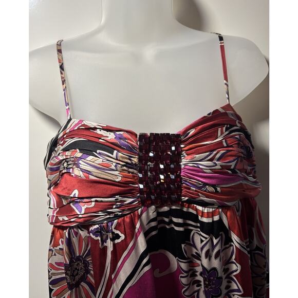 OC By OC Oleg Cassini Y2K 100% Silk Floral Dress Jewel Tones Beaded Midi Size 6 - Picture 2 of 8